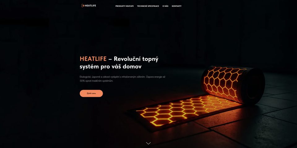 Úvodní obrazovka webu Heatlife s topným systémem